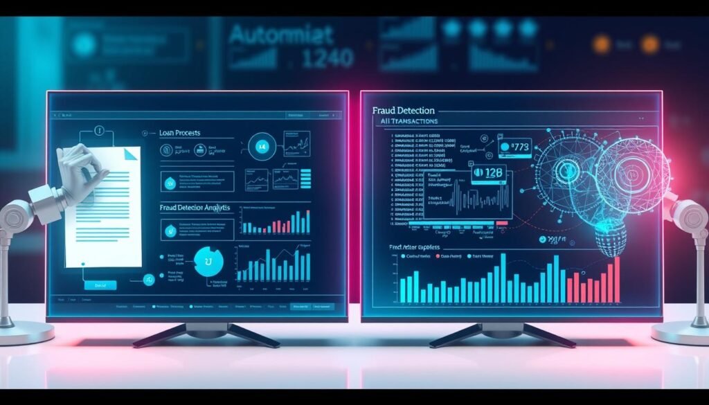 AI automation in financial services showing automated loan processing and fraud detection