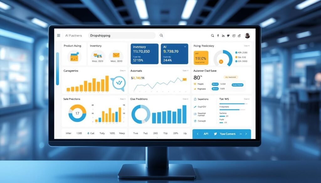 AI-powered dropshipping dashboard showing product selection, inventory management, and automated customer service