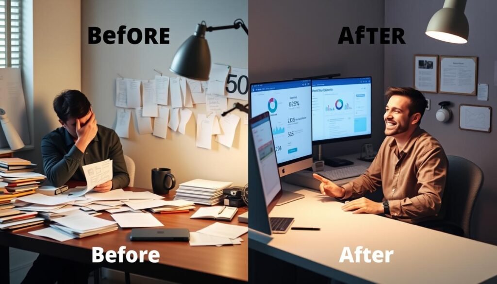 Before and after comparison of side hustle workflow with AI automation