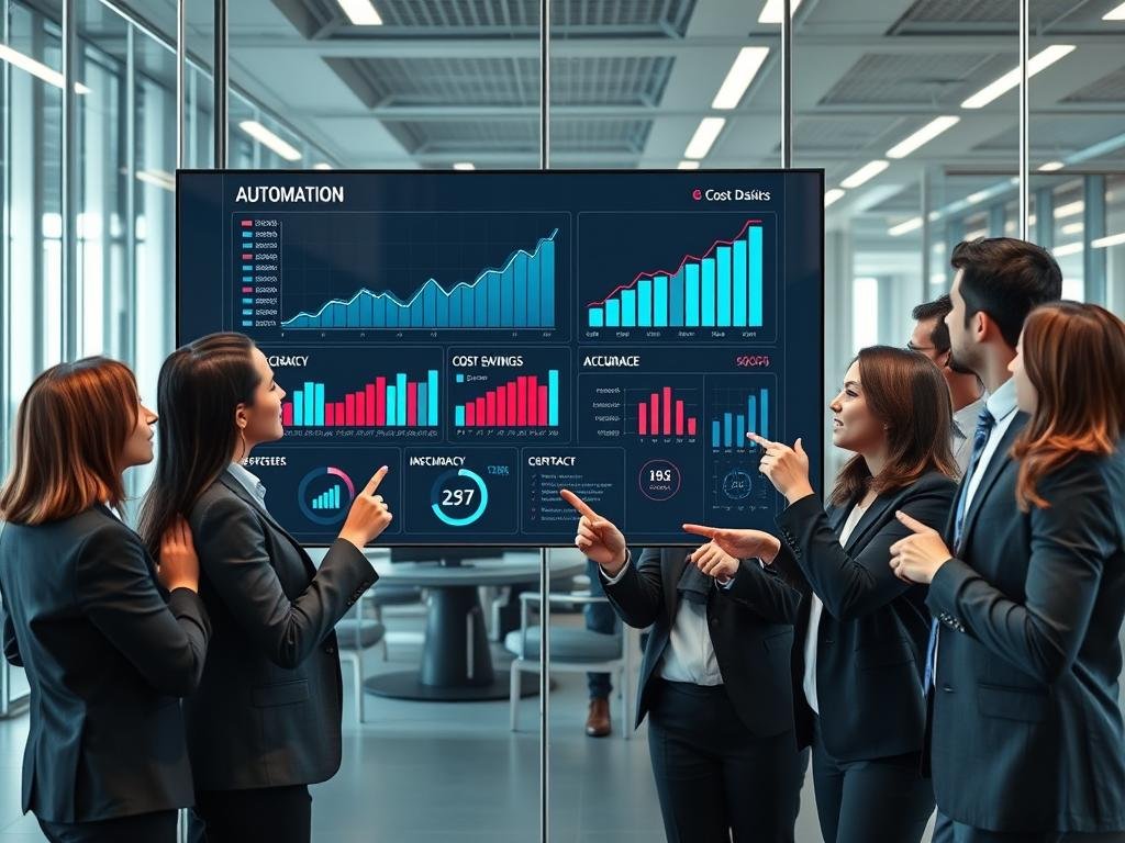 Business professionals reviewing AI automation benefits on digital dashboard showing improved metrics