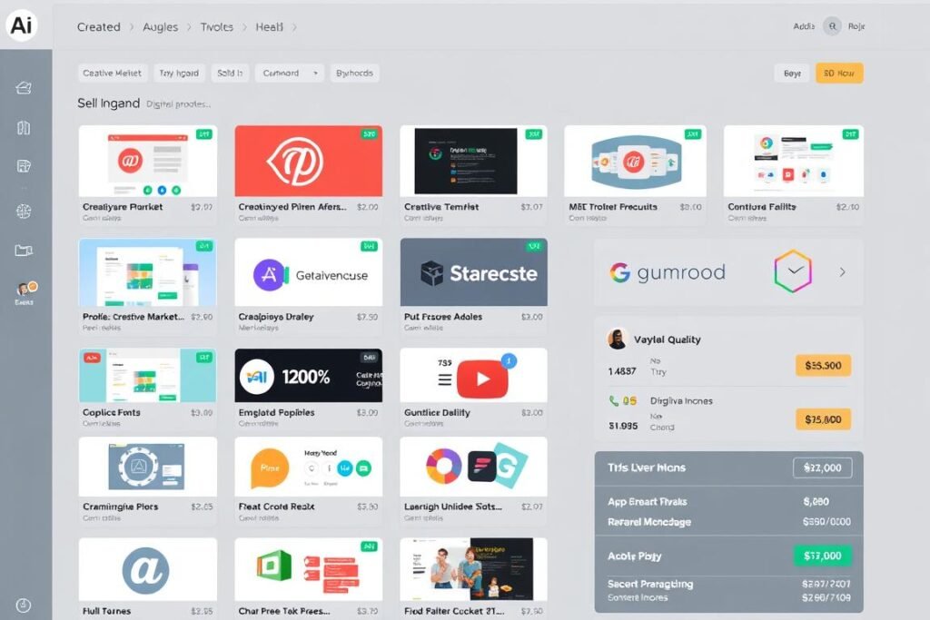 Collection of AI-generated digital assets being sold on various marketplaces