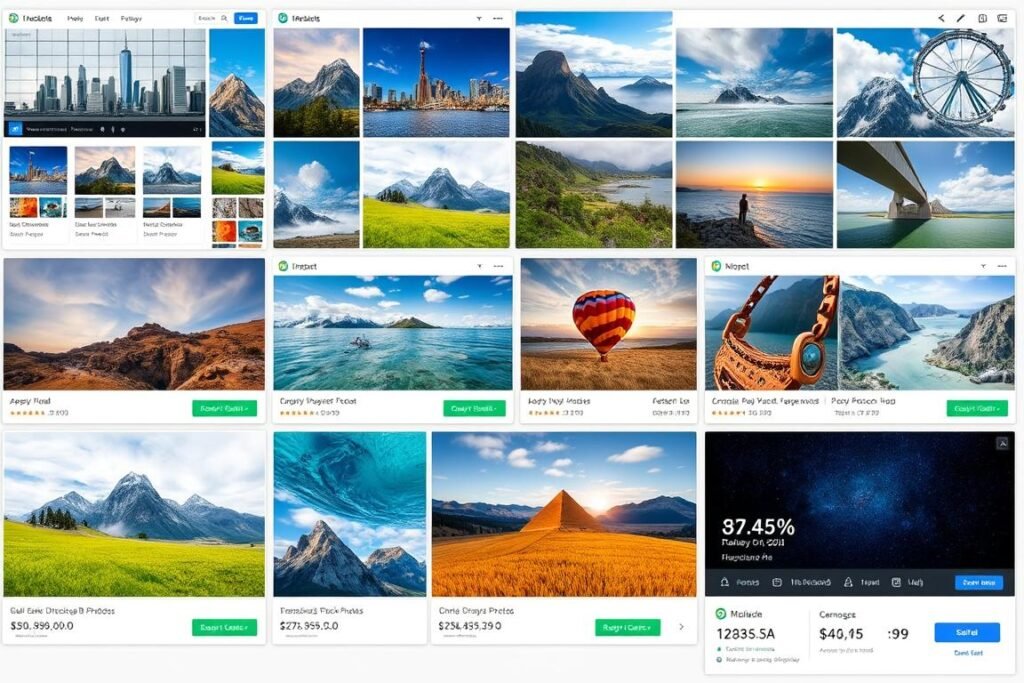Collection of AI-generated stock photos being sold on various platforms