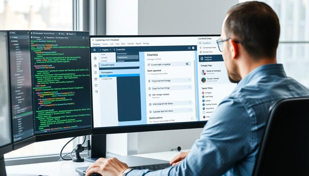 Developer customizing an AI chatbot interface with conversation flows and integration settings