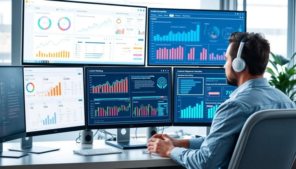 Person analyzing AI-generated affiliate marketing content and performance metrics on multiple screens