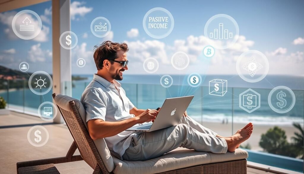 Person enjoying passive income lifestyle while AI systems work in the background