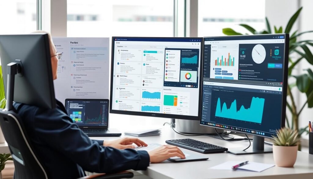 Person managing multiple AI virtual assistant tasks across calendar, email, and project management tools