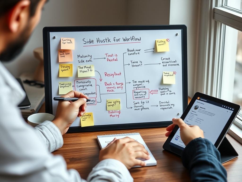 Person mapping out side hustle workflow to identify automation opportunities