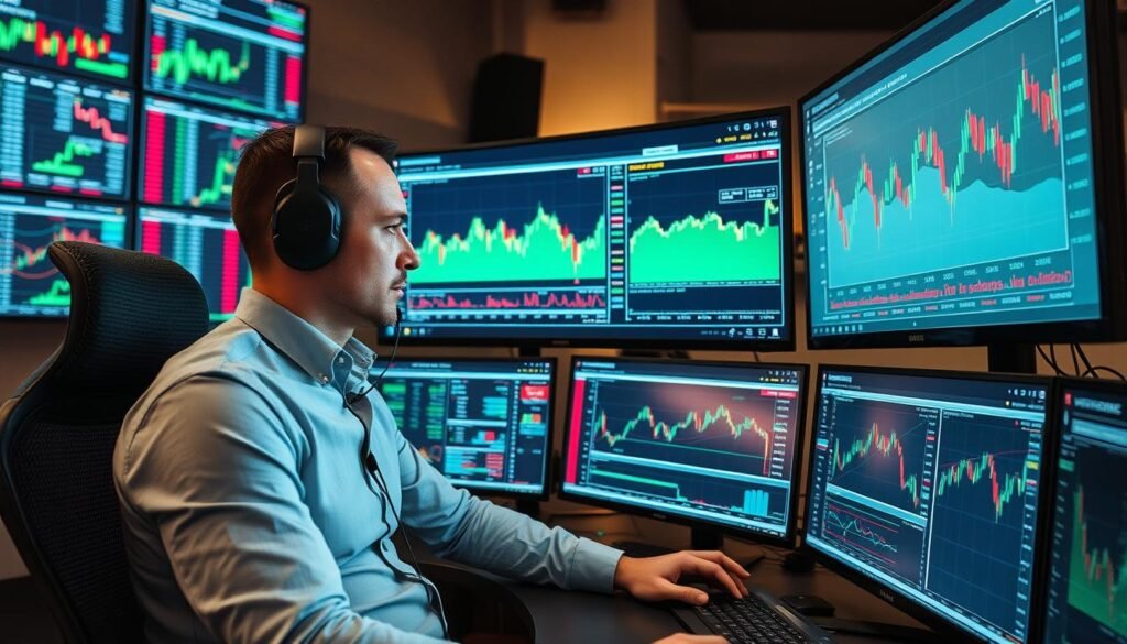 Person monitoring AI trading algorithms and market analysis on multiple financial screens