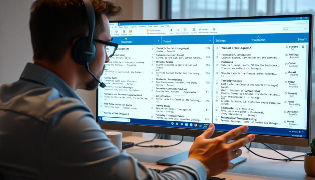 Person reviewing AI-translated content across multiple languages on a computer screen