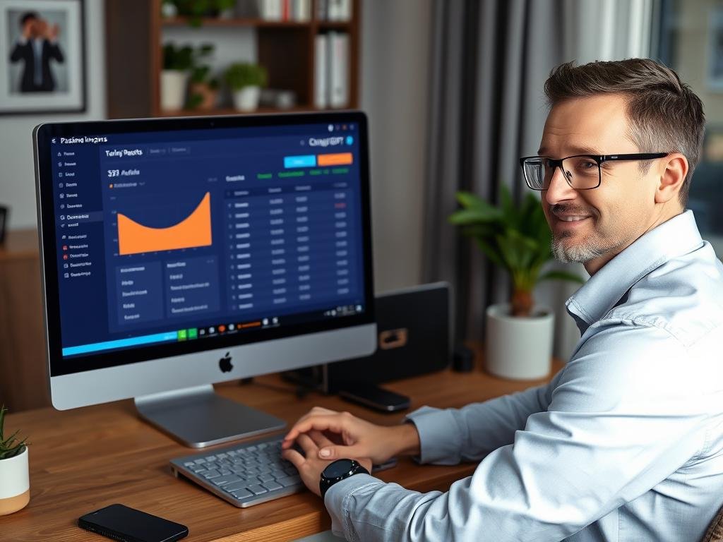 Person reviewing passive income results from Canva and ChatGPT products