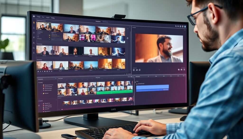 Person using AI video editing software with multiple video clips and automated editing suggestions