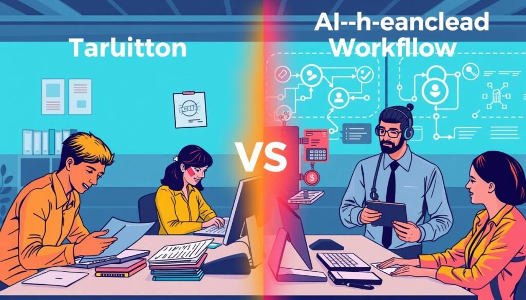 Side-by-side comparison of traditional workflow vs AI-enhanced workflow showing efficiency differences