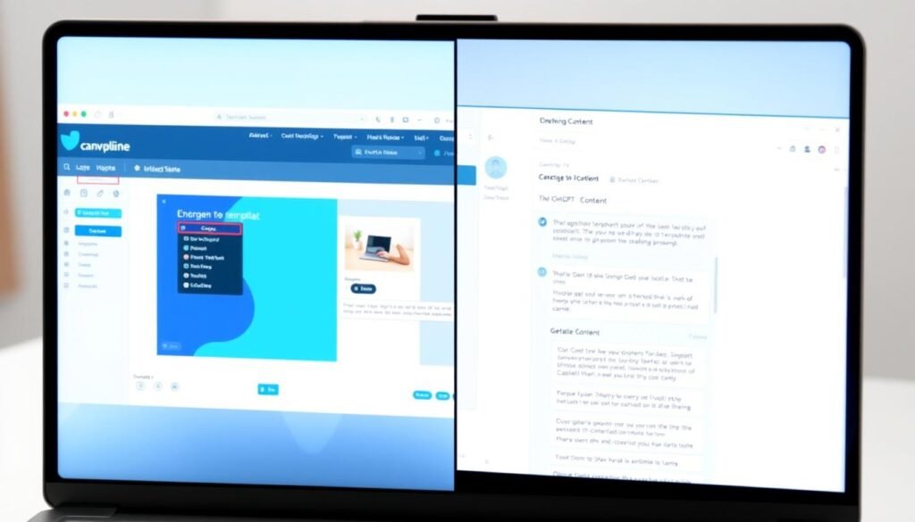 Split screen showing Canva design interface and ChatGPT generating content for passive income products