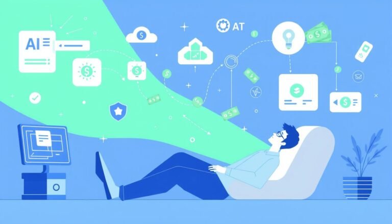 Various AI tools generating passive income streams with digital representations of money flowing automatically