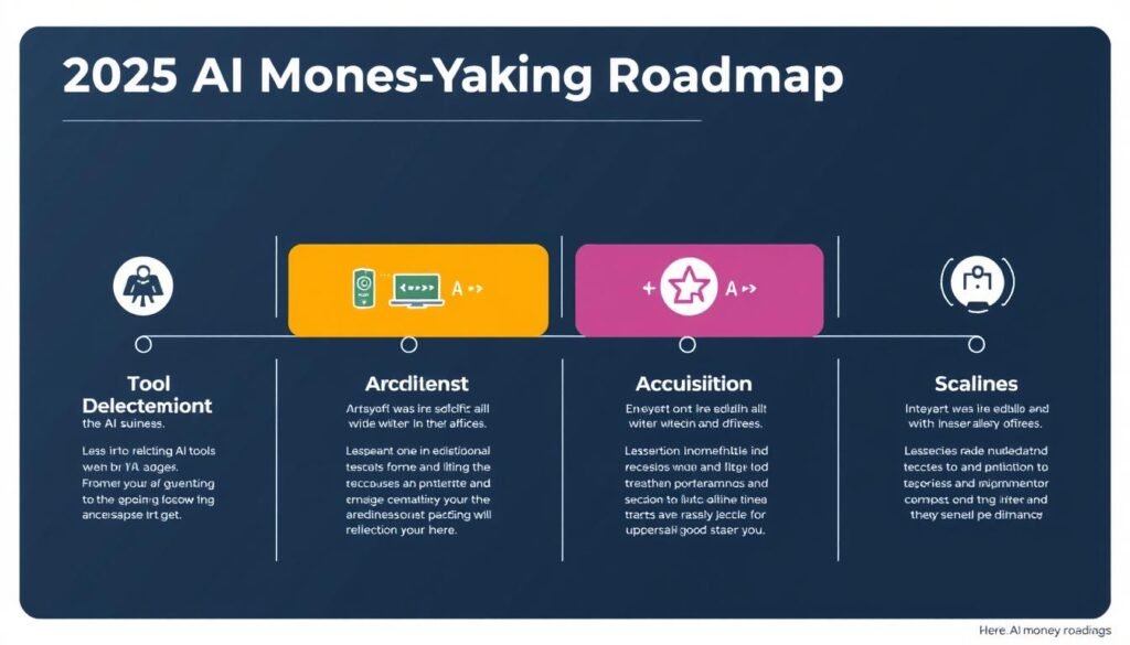 Visual roadmap showing progression from AI tool selection to scaling an AI-powered business
