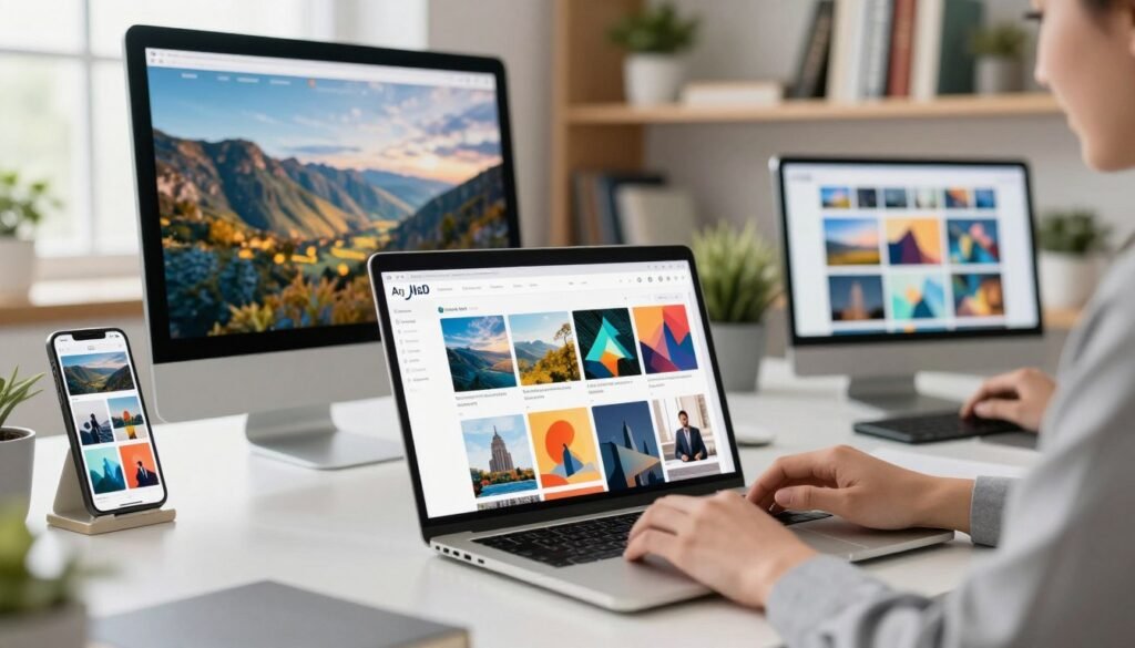 A bright, modern workspace filled with creative energy, showcasing a diverse selection of AI-generated stock photos displayed on multiple digital devices. In the foreground, a sleek laptop is open, featuring a vibrant portfolio webpage with thumbnails of various images, including landscapes, abstract art, and business settings. A pair of hands, dressed in professional business attire, is actively curating the portfolio. In the middle ground, a large monitor displays a captivating landscape image, while a smartphone shows various AI art thumbnails. In the background, softly blurred shelves filled with books and plants create a warm and inviting atmosphere. The lighting is bright and natural, streaming in from a nearby window, enhancing the innovative and productive mood of this entrepreneurial environment.