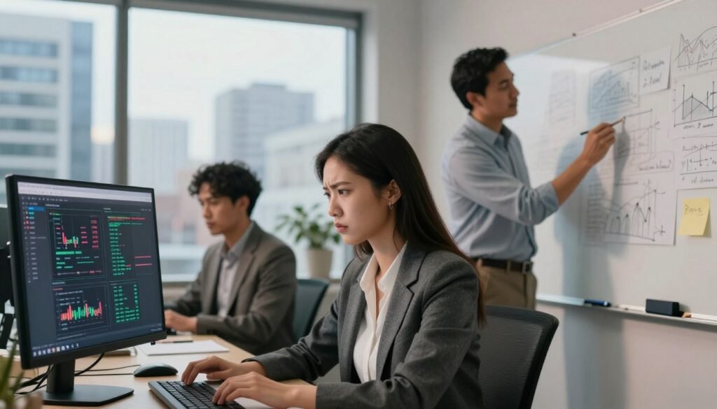 A diverse group of three professionals in a modern office setting, each showcasing various challenges faced in AI stock photo creation. In the foreground, a young woman in a smart business outfit is analyzing a computer screen filled with complex algorithms, frowning slightly in concentration. To her right, a middle-aged man in a casual shirt and blazer is brainstorming ideas on a whiteboard filled with scattered notes and sketches. In the background, a large window reveals a bustling cityscape, illuminated by soft morning light. The atmosphere conveys determination and creativity, with warm tones creating an inviting mood. The camera is set at a slightly elevated angle, emphasizing the collaborative environment and the innovative spirit of overcoming obstacles in AI stock photography.