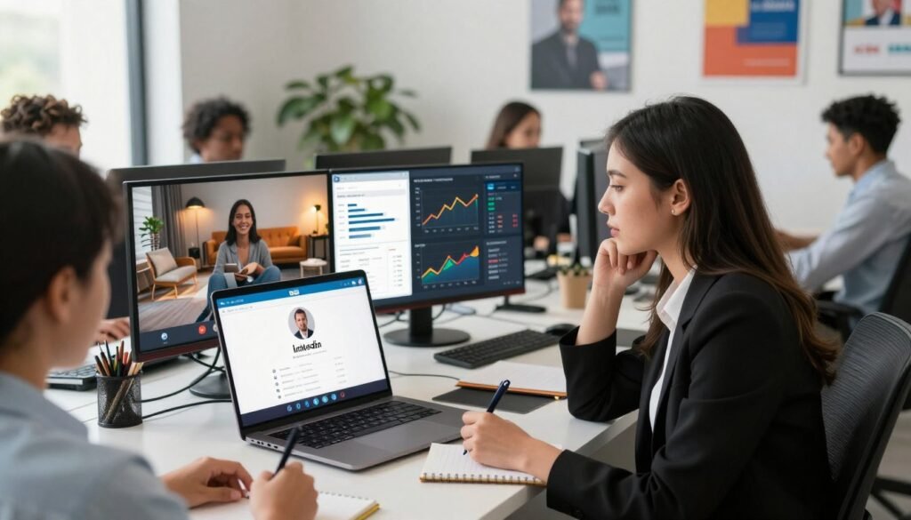 A dynamic scene featuring a diverse group of professionals engaged in a virtual meeting on a laptop, with a visually appealing LinkedIn profile interface displayed on the screen. In the foreground, a focused young woman dressed in a smart casual outfit, looking thoughtfully at the screen, taking notes. In the middle, an array of digital metrics and graphs illustrating success against a backdrop of a modern office environment, featuring stylish furniture and warm lighting. The background shows a sleek, minimalistic workspace filled with tech gadgets, plants, and motivational posters. The atmosphere is energetic and inspiring, with a balanced color palette highlighting a sense of innovation and ambition, captured from a slightly angled perspective to emphasize interaction and engagement.