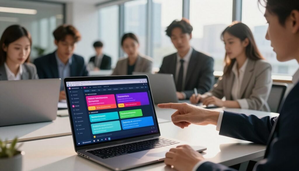 A dynamic workspace illustrating the concept of global language subtitles in a modern setting. In the foreground, a sleek desk with a laptop displaying vibrant, multilingual subtitle options on the screen, casting a soft glow. The middle layer features a diverse group of business professionals—two individuals reviewing a subtitling project, one of them pointing at the screen, dressed in smart business attire. In the background, large windows reveal a cityscape, bathed in warm, natural light, symbolizing global reach. The atmosphere is focused and collaborative, with an air of innovation and technological advancement, conveying the efficiency and effectiveness of AI in subtitling. The image is captured from a slightly elevated angle, giving a sense of depth and engagement in the workspace.