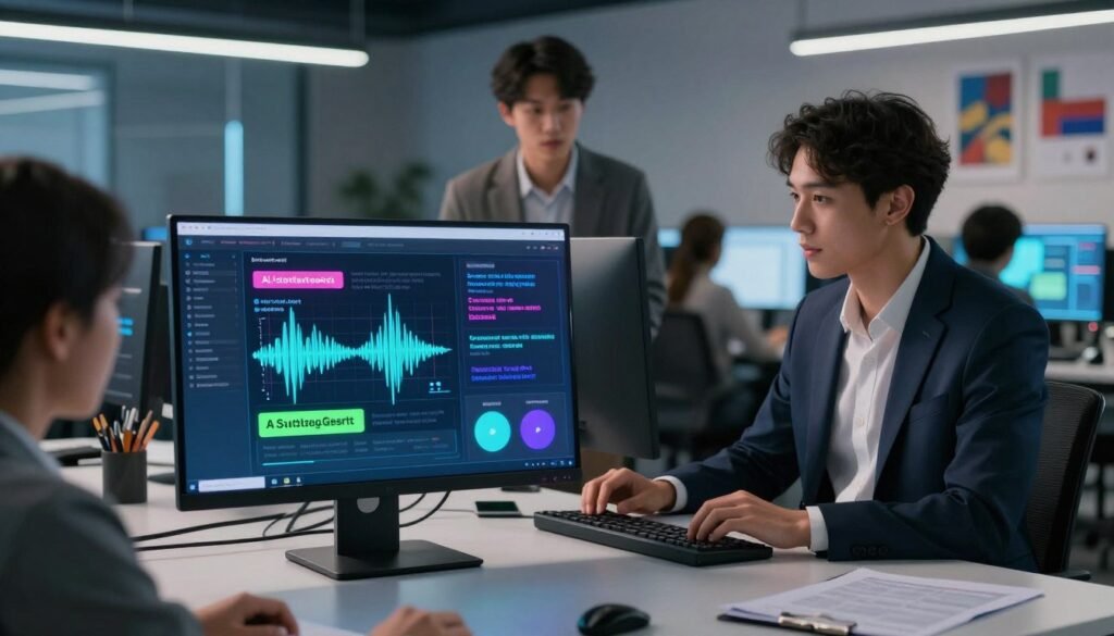 A futuristic and sleek workspace showcasing an AI-powered subtitle generator in action. In the foreground, a modern computer screen displays vibrant animated subtitles in multiple languages, with a digital interface illustrating AI algorithms and sound waves. The middle ground features diverse professionals—two individuals in business attire, focused intently on the screen, analyzing the output. The background includes an open office environment with high-tech elements, such as smart devices and creative posters related to video production. Soft, ambient lighting highlights the workspace, creating an innovative yet professional atmosphere. The scene captures the essence of cutting-edge technology enhancing communication in video content, evoking a sense of progress and collaboration.
