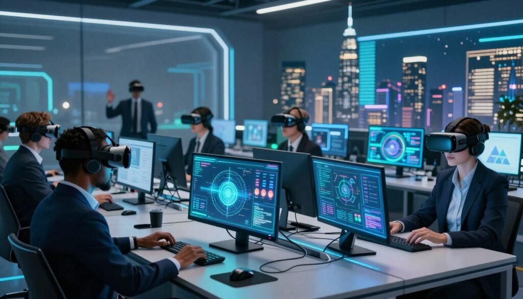 A futuristic digital workspace showcasing AI-powered virtual events in action. In the foreground, a diverse group of professionals in business attire, actively engaging in an immersive virtual conference using VR headsets and holographic displays. The middle ground features sleek, high-tech devices and screens displaying vibrant, interactive graphics of data analytics and event layouts. In the background, a modern city skyline illuminated by dynamic light displays, symbolizing innovation and connectivity. The ambiance is energetic and collaborative, with cool blue and green lighting, and soft glows accentuating technology. The perspective is slightly angled to evoke depth, capturing the essence of the future of virtual events driven by AI. A futuristic digital workspace showcasing AI-powered virtual events in action. In the foreground, a diverse group of professionals in business attire, actively engaging in an immersive virtual conference using VR headsets and holographic displays. The middle ground features sleek, high-tech devices and screens displaying vibrant, interactive graphics of data analytics and event layouts. In the background, a modern city skyline illuminated by dynamic light displays, symbolizing innovation and connectivity. The ambiance is energetic and collaborative, with cool blue and green lighting, and soft glows accentuating technology. The perspective is slightly angled to evoke depth, capturing the essence of the future of virtual events driven by AI.