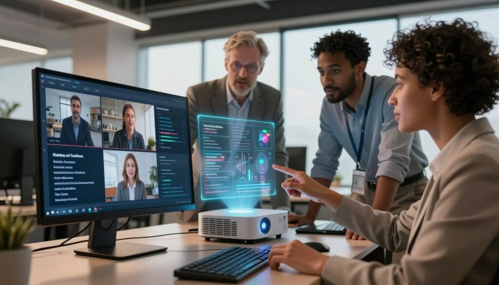 A futuristic office environment showcasing AI subtitling and translation technology. In the foreground, a sleek computer screen displays animated subtitles in multiple languages overlaid on a sample video. A diverse group of three professionals, dressed in business attire, collaborates enthusiastically, pointing at the screen and discussing features. In the middle, a high-tech device resembling a small projector emits holographic displays of linguistic data and graphs, illustrating real-time translation capabilities. The background features a bright, modern workspace with large windows letting in natural light, creating an inspiring atmosphere. The lighting is warm and inviting, enhancing the innovative technology theme. The angle captures both the team and the advanced tech, emphasizing interaction and collaboration in the realm of AI solutions for video content.