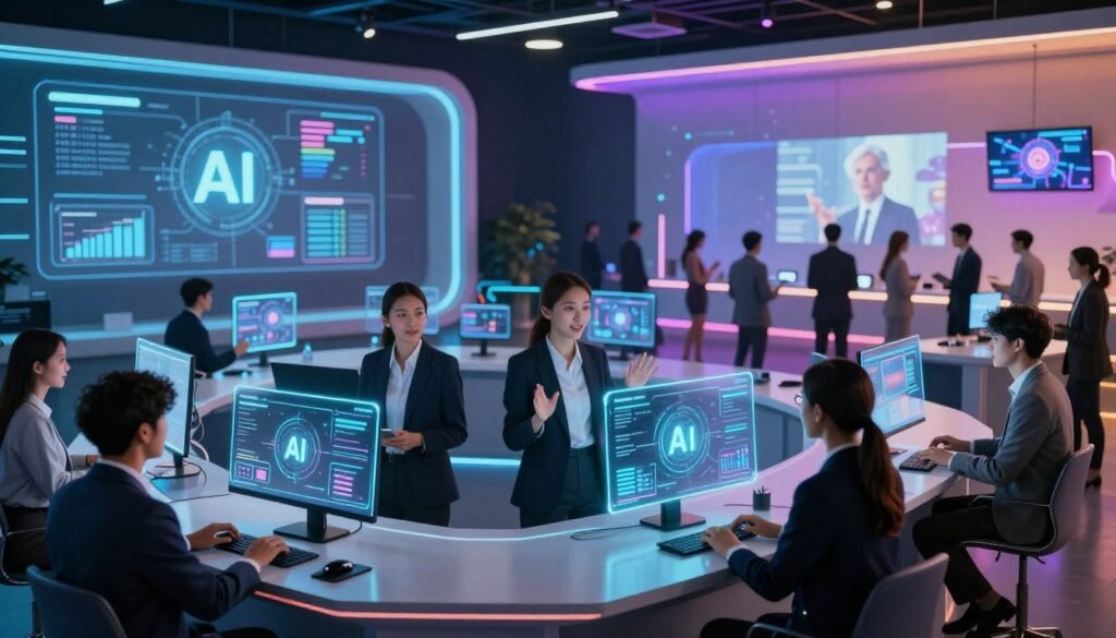 A futuristic virtual event setting showcasing AI technology at work. In the foreground, a diverse group of individuals in professional business attire engages with holographic interfaces displaying data and analytics. The middle ground features high-tech screens illustrating AI-driven insights, while virtual avatars mingle in a dynamic, immersive environment. The background reveals a sleek, modern conference hall enhanced by colorful LED lighting, creating a vibrant atmosphere. Soft ambient light illuminates the scene, highlighting expressions of engagement and excitement. The overall mood is energetic and innovative, emphasizing the transformative power of AI in enhancing virtual event experiences. Shot from a slightly elevated angle, allowing all layers to be visible and interconnected, inviting viewers into this advanced digital space. A futuristic virtual event setting showcasing AI technology at work. In the foreground, a diverse group of individuals in professional business attire engages with holographic interfaces displaying data and analytics. The middle ground features high-tech screens illustrating AI-driven insights, while virtual avatars mingle in a dynamic, immersive environment. The background reveals a sleek, modern conference hall enhanced by colorful LED lighting, creating a vibrant atmosphere. Soft ambient light illuminates the scene, highlighting expressions of engagement and excitement. The overall mood is energetic and innovative, emphasizing the transformative power of AI in enhancing virtual event experiences. Shot from a slightly elevated angle, allowing all layers to be visible and interconnected, inviting viewers into this advanced digital space.