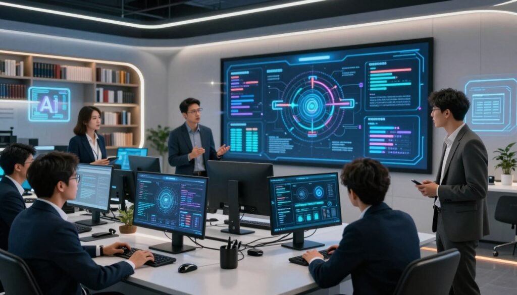 A modern AI learning platform interior, featuring a sleek workspace with futuristic computers displaying dynamic data visualizations. In the foreground, a diverse group of professionals in business attire collaboratively discussing AI concepts, with expressions of curiosity and engagement. The middle space showcases a large digital screen filled with vibrant infographics, algorithms, and educational materials related to AI. In the background, a futuristic library-like setting with shelves of AI textbooks and glowing holographic displays. Soft, ambient lighting enhances a thoughtful and innovative atmosphere, with a slight lens flare to signify the spark of knowledge. The angle captures an inviting view of the entire space, emphasizing the blend of technology and education.