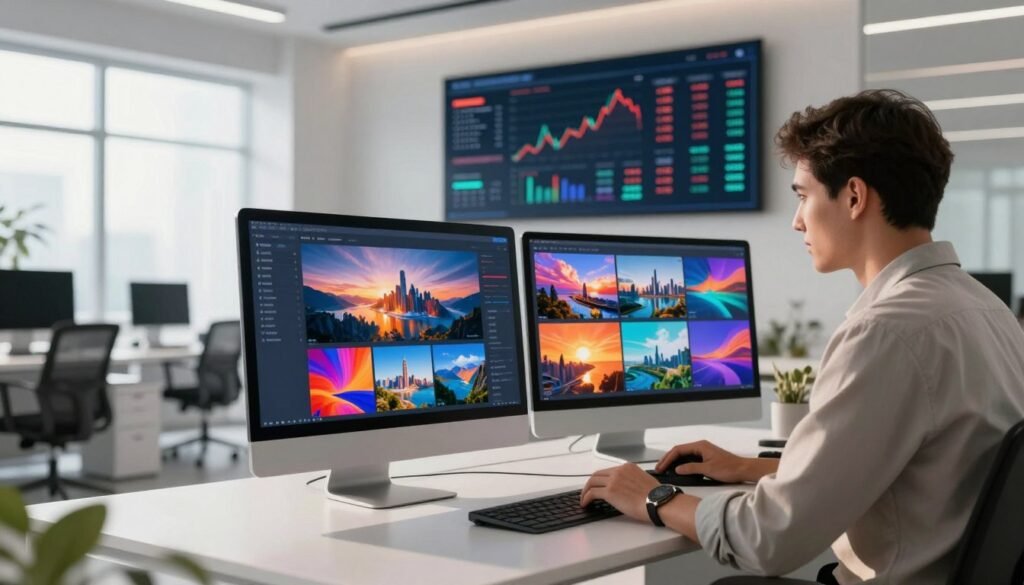 A modern digital marketplace scene showcasing artificial intelligence stock photos. In the foreground, a sleek, futuristic desk with a high-tech computer displaying a vibrant interface of AI-generated images. A professional individual wearing business casual attire intently curating a collection of diverse images, surrounded by colorful thumbnails of stunning landscapes, cityscapes, and abstract art. The middle layer features an interactive digital board displaying analytics and trends in the stock photo industry. In the background, a clean, minimalist office space with large windows letting in natural light, creating a bright and inspiring atmosphere. Soft shadows and warm lighting enhance a sense of innovation and opportunity, reflecting the hustle of the AI stock photo market.
