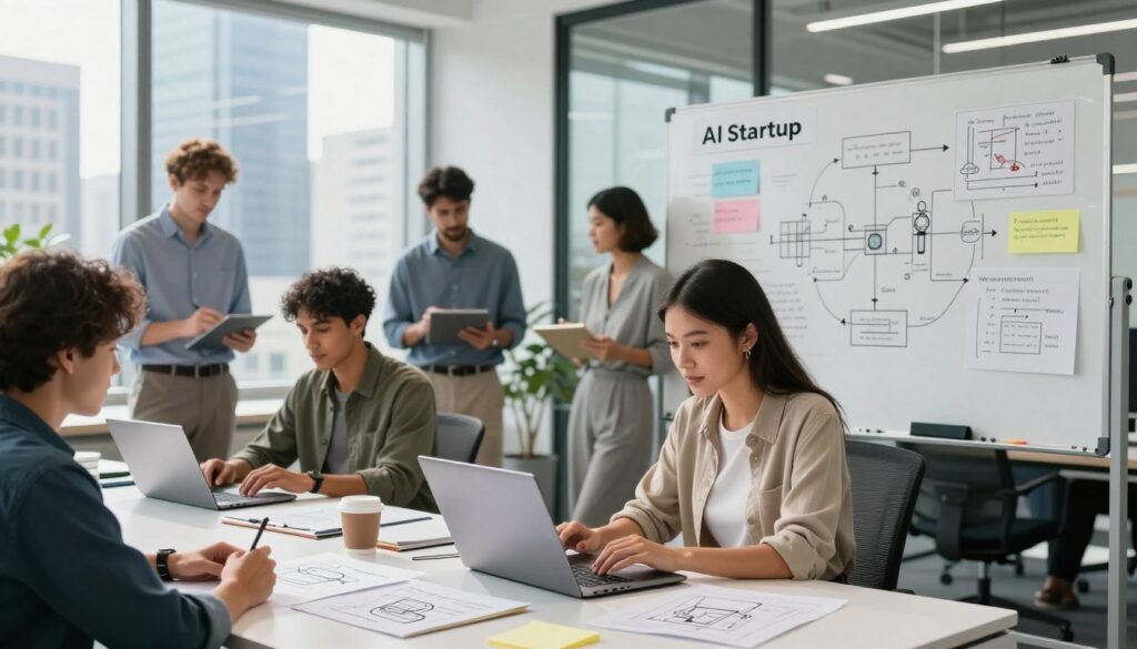 A modern office environment bustling with energy, showcasing a group of diverse professionals collaborating on an AI startup's minimum viable product. In the foreground, a focused woman wearing smart casual attire is analyzing data on a sleek laptop, surrounded by notes and sketches of the product concept. In the middle, a large whiteboard filled with diagrams, algorithms, and brainstorming ideas reflects their innovative work process. The background features a glass wall revealing a city skyline, with bright, natural light streaming in, creating an inspiring atmosphere. The mood is dynamic and forward-thinking, capturing the essence of startup culture, innovation, and teamwork. The lens captures the scene at eye level, emphasizing the immersive workspace without any text or distractions.