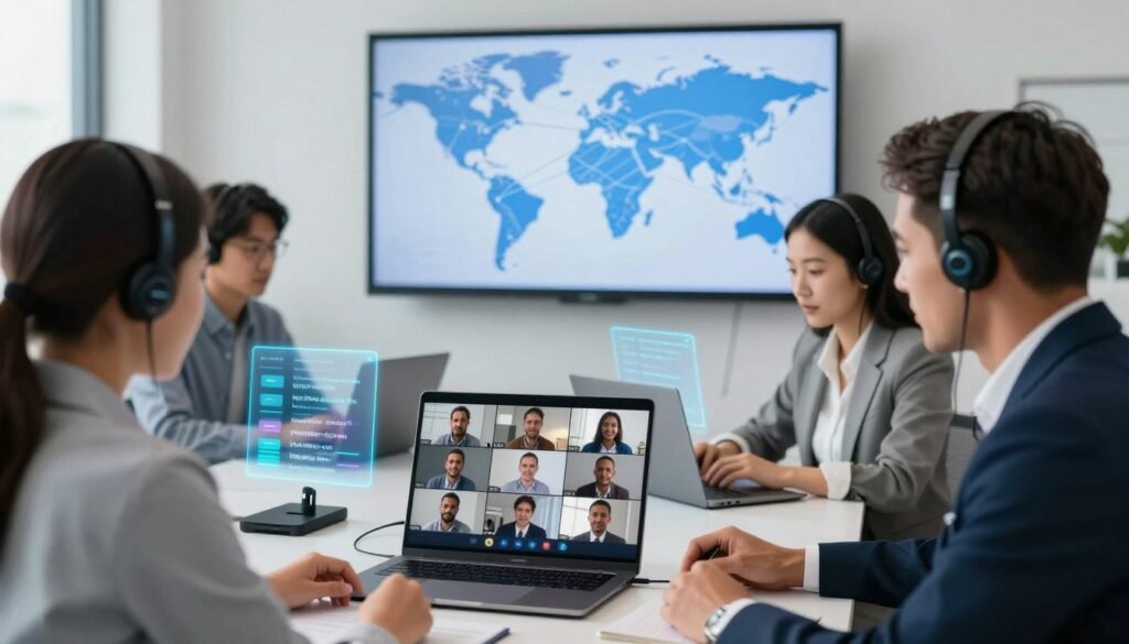 A modern office environment centered around real-time video translation technology. In the foreground, a diverse group of three professionals, dressed in business attire, collaborate around a sleek laptop displaying live video feeds with instant translation subtitles. The middle ground features advanced gadgets like language headsets and holographic displays illustrating language conversions in real-time. The background shows a large wall-mounted display showcasing a global map with communication lines connecting different locations. Bright, natural lighting enhances the high-tech ambiance, while a shallow depth of field blurs the background slightly, focusing attention on the engaged team. The overall mood conveys innovation and seamless communication across cultures, emphasizing the impact of AI in video translation.