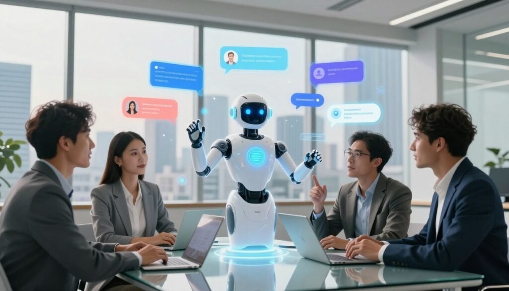 A modern office workspace featuring a holographic AI chatbot design taking center stage. In the foreground, a diverse group of three professionals, dressed in smart business attire, are engaged in a collaborative discussion around a sleek glass table with laptops open. In the middle ground, vibrant graphics of various AI chatbot templates float in the air, illustrating their diverse functionalities. The background shows a futuristic city skyline through large windows, with soft daylight streaming in, creating an inspiring and innovative atmosphere. The lighting is bright and inviting, emphasizing the excitement of technology and teamwork. Use a dynamic angle to showcase the interaction between individuals and the floating chatbot graphics, conveying a sense of progress and creativity in AI development.