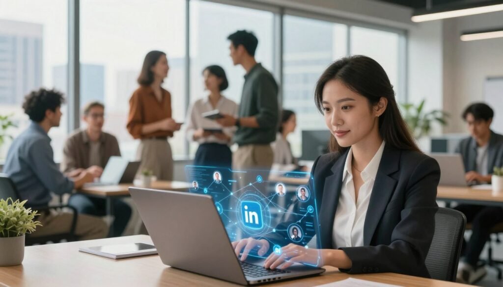 A modern, vibrant office environment showcasing a diverse group of professionals engaged in AI-powered networking on LinkedIn. In the foreground, a confident woman in business attire is working on a laptop, with AI-generated visuals displaying connections and profiles around her. In the middle ground, a mixed-gender group of professionals in business casual attire engages in animated discussions, indicating collaboration and exchange of ideas. The background features a large window with a city skyline, allowing natural light to flood the space, creating an optimistic and productive atmosphere. The overall mood should feel energetic and forward-thinking, highlighting the synergy between technology and professional networking. Use soft, warm lighting to enhance the inviting feel of the scene, with a slight depth of field to emphasize the foreground.