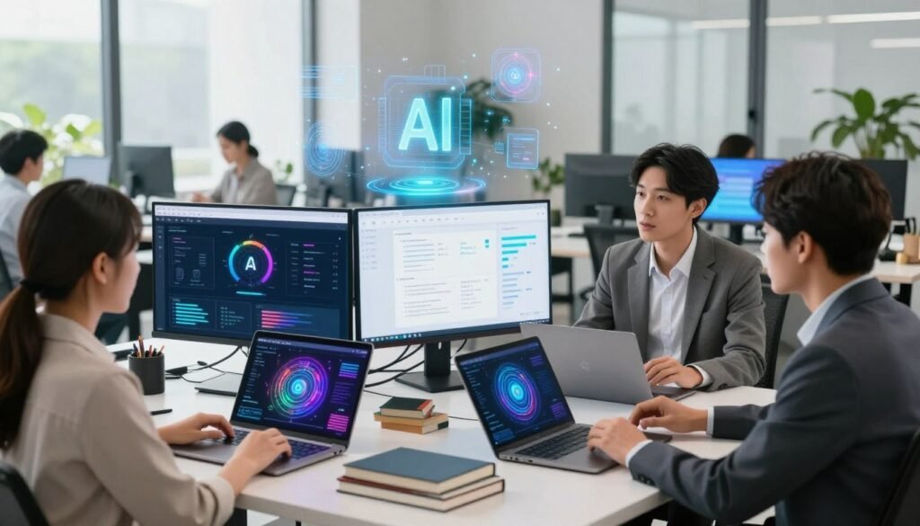 A modern, vibrant workspace showcasing an AI learning platform. In the foreground, a diverse group of three individuals, two women and one man, engaged in discussion, all dressed in professional business attire. They are surrounded by digital screens displaying various AI tools and graphs. In the middle ground, sleek laptops and tablets with colorful AI-themed interfaces, and books on artificial intelligence piled neatly. The background features a bright, airy office with large windows letting in natural light, plants for a touch of greenery, and holographic representations of AI algorithms floating in the air. The atmosphere is energetic and collaborative, evoking a sense of innovation and enthusiasm for learning. The scene is captured from a slightly elevated angle, with soft, diffused lighting enhancing the technology-focused mood.