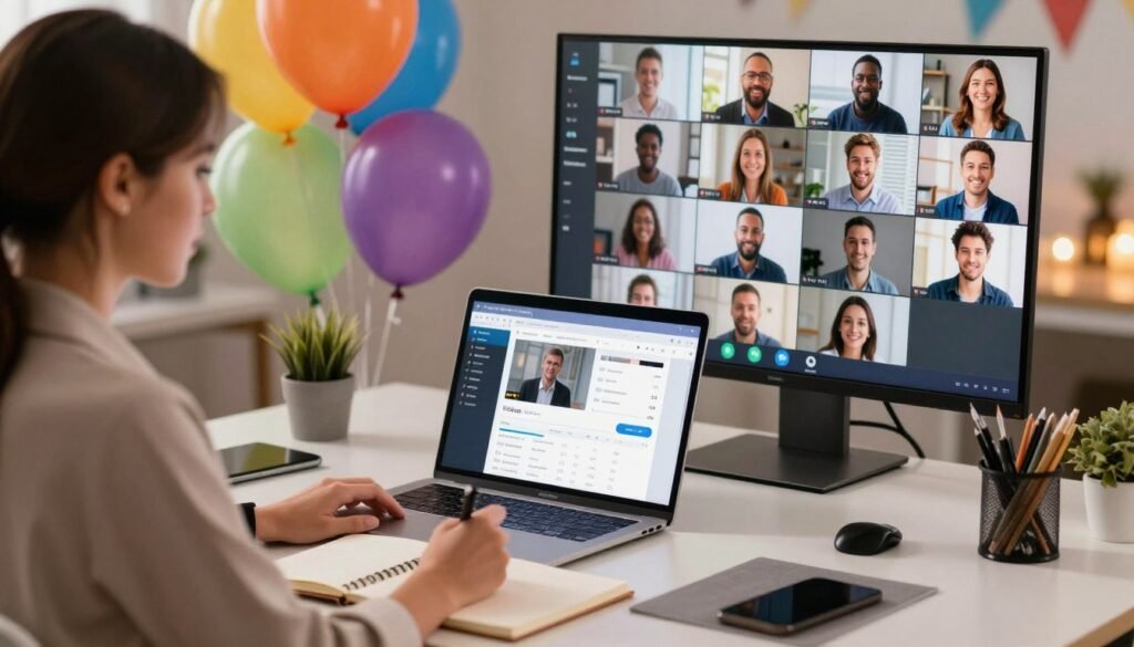 A modern virtual event planner workspace, featuring a sleek, organized desk with a high-end laptop displaying a virtual event interface. In the foreground, a professional woman in modest business attire is focused on her work, jotting down ideas in a stylish notebook. The middle ground includes vibrant, colorful decorations that evoke a festive ambiance, like balloons and digital banners. In the background, a large screen displays a virtual audience engaged in a live event, with various diverse participants visible, smiling and interacting. The scene is well-lit with soft, warm lighting that enhances the welcoming atmosphere, and viewed from an angle that captures both the workspace and the digital event activity. The overall mood is dynamic and inspiring, reflecting creativity and professionalism. A modern virtual event planner workspace, featuring a sleek, organized desk with a high-end laptop displaying a virtual event interface. In the foreground, a professional woman in modest business attire is focused on her work, jotting down ideas in a stylish notebook. The middle ground includes vibrant, colorful decorations that evoke a festive ambiance, like balloons and digital banners. In the background, a large screen displays a virtual audience engaged in a live event, with various diverse participants visible, smiling and interacting. The scene is well-lit with soft, warm lighting that enhances the welcoming atmosphere, and viewed from an angle that captures both the workspace and the digital event activity. The overall mood is dynamic and inspiring, reflecting creativity and professionalism.
