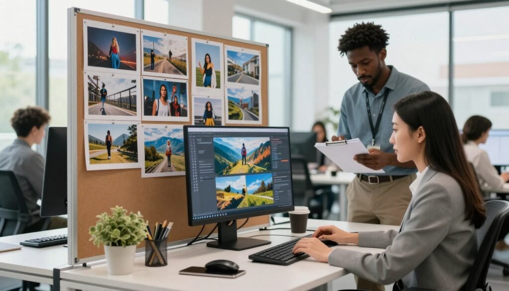A modern workspace featuring a diverse group of professionals actively engaged in creating AI-generated stock photos. In the foreground, an Asian woman in business attire is seated at a sleek desk analyzing a computer screen filled with vibrant images of landscapes and people. Next to her, a Black man reviews AI prompts on a notepad, showcasing collaboration and creativity. In the middle ground, a large bulletin board displays printed AI stock photo inspirations, adding texture to the scene. The background features large windows with natural light streaming in, illuminating the workspace and creating a bright, uplifting atmosphere. The mood is focused and innovative, reflecting the hustle and creativity inherent in the world of AI stock photography.