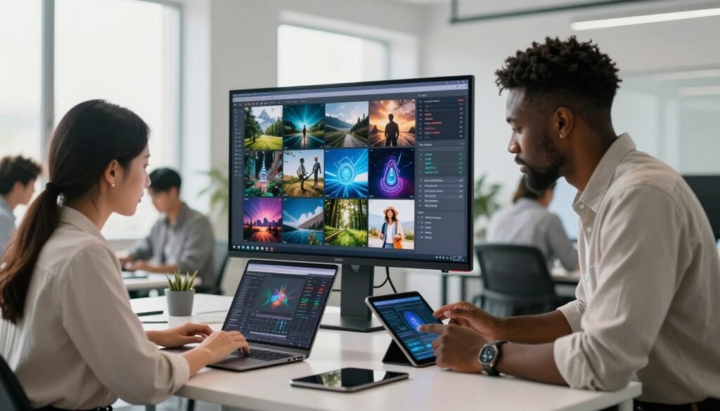 A modern workspace featuring a diverse group of professionals collaborating on their AI stock photo projects. In the foreground, a young woman of Asian descent edits images on a laptop, while a Black man in a smart casual outfit reviews content on a tablet beside her. In the middle ground, there is a large screen displaying a vibrant collage of stock photos, with various themes like nature, technology, and lifestyle. The background showcases a bright, minimalist office space with large windows letting in soft, natural light that illuminates the scene. The atmosphere is productive and creative, emphasizing teamwork and innovation in the digital age, captured from a slight angle to create depth and engagement in the composition.