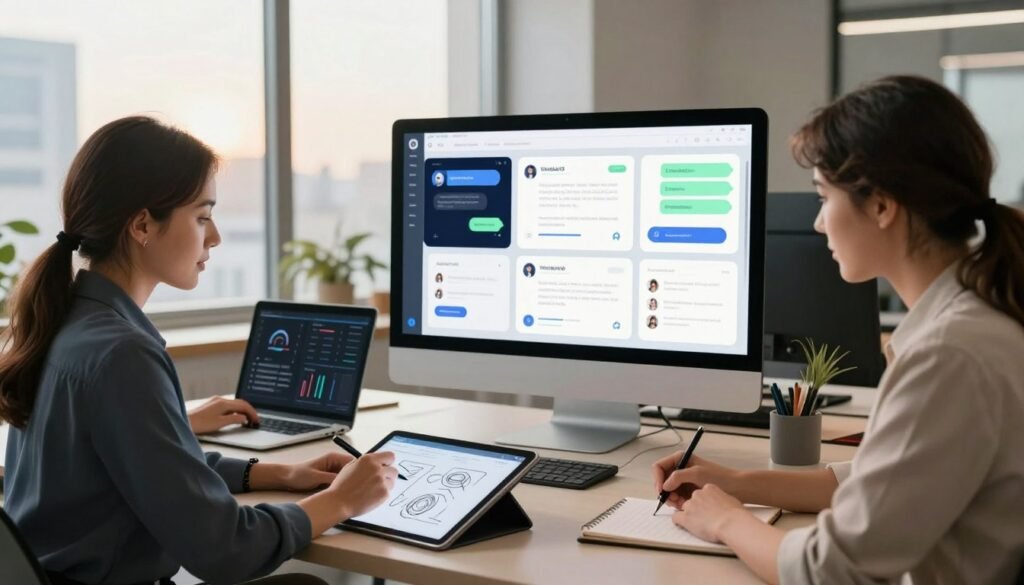 A modern workspace featuring a diverse group of three professionals collaborating on a sleek, high-tech design for a virtual AI chatbot template. In the foreground, a confident woman in business attire is sketching ideas on a digital tablet. Beside her, a man in a smart casual outfit analyzes data on a laptop, while a third colleague, dressed in professional attire, writes notes on a notepad. The middle ground showcases a large screen displaying various AI chatbot template designs, illuminated by soft, bright lighting. In the background, windows let in natural light, casting a warm glow, adorned with cityscape views, creating an inspiring atmosphere. The overall mood is energetic and innovative, capturing the essence of scaling a side hustle into a successful business.