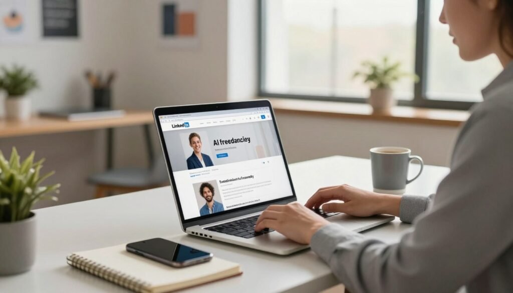 A modern workspace scene featuring a professional person in business attire sitting at a sleek desk, working on a laptop. The foreground includes a clear view of the laptop screen displaying a LinkedIn profile page related to AI freelancing. In the middle ground, there are supporting elements like a smartphone, a notebook, and a mug of coffee, all symbolizing productivity and focus. The background shows a well-organized home office with a large window allowing soft, natural light to stream in, creating a warm and inviting atmosphere. Decorative plants and motivational posters subtly enhance the ambiance, emphasizing ambition and creativity. The overall mood is inspiring and professional, capturing the essence of building an AI freelance business on LinkedIn.
