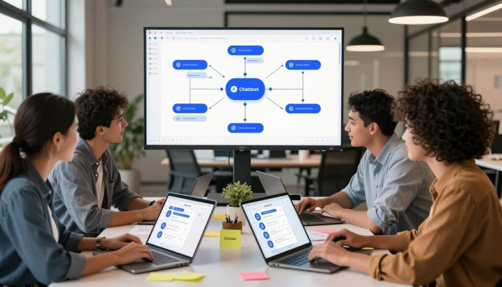 A modern workspace showcasing the development of AI chatbot templates. In the foreground, a diverse group of three professionals—two women and one man—are intently collaborating around a sleek table filled with laptops, digital tablet mockups of chatbot designs, and colorful sticky notes. The middle layer features a large screen displaying an interactive flowchart illustrating chatbot features and functions. The background includes a stylish office with large windows allowing natural light to pour in, creating a bright and inspiring atmosphere. The scene captures the essence of innovation, teamwork, and creativity, with warm lighting enhancing the inviting mood. The overall composition highlights a balance of technology and human interaction, focusing on the practical aspect of developing AI chatbots for niche markets.