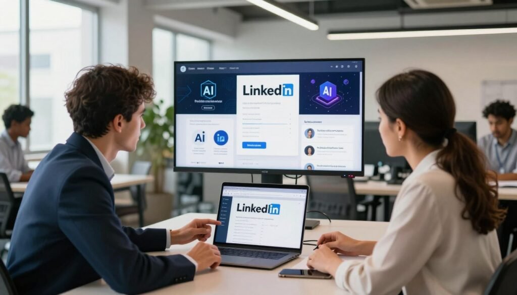 A professional setting showcasing a diverse group of individuals engaged in discussions about AI and freelance opportunities on LinkedIn. In the foreground, two individuals, one male and one female, are interacting over a laptop, both dressed in smart business attire, examining LinkedIn profiles. In the middle ground, a large screen displays various AI tools and applications relevant to freelancers, creating an engaging and educational atmosphere. The background features an open office space with modern decor, bright natural lighting streaming through large windows, and greenery for a fresh feel. Capture the mood of innovation and collaboration, emphasizing the importance of networking and skill enhancement in the freelance market. Use a slight angle to provide depth to the composition, illustrating the interconnectedness of ideas in the freelance world.