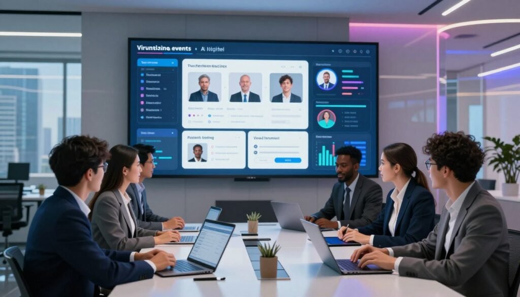A vibrant and modern virtual event planning workspace, featuring a high-tech digital interface showcasing an AI system analyzing data and optimizing event logistics. In the foreground, a diverse group of professionals, dressed in smart business attire, collaborate around a sleek table laden with laptops and tablets. The middle ground highlights a large screen displaying interactive event schedules and attendee engagement metrics, illuminated by soft, ambient lighting that creates an inviting atmosphere. The background depicts a sleek, futuristic office space with large windows revealing a city skyline, symbolizing growth and opportunity. The overall mood is dynamic and focused, reflecting the excitement of monetizing virtual events through AI technology. A vibrant and modern virtual event planning workspace, featuring a high-tech digital interface showcasing an AI system analyzing data and optimizing event logistics. In the foreground, a diverse group of professionals, dressed in smart business attire, collaborate around a sleek table laden with laptops and tablets. The middle ground highlights a large screen displaying interactive event schedules and attendee engagement metrics, illuminated by soft, ambient lighting that creates an inviting atmosphere. The background depicts a sleek, futuristic office space with large windows revealing a city skyline, symbolizing growth and opportunity. The overall mood is dynamic and focused, reflecting the excitement of monetizing virtual events through AI technology.