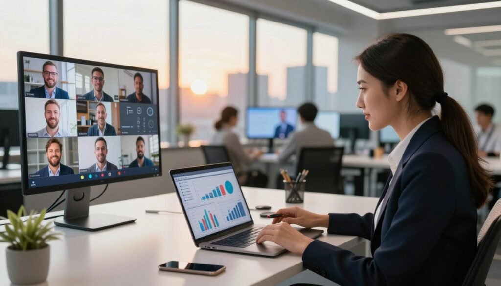 A vibrant digital workspace showcasing an AI-driven virtual event management scene. In the foreground, a confident event planner, dressed in professional business attire, analyzes data on a sleek laptop, with graphs and charts reflecting increased earnings from virtual events. In the middle ground, a modern conference setup with virtual attendees on screens in an inviting, brightly lit environment filled with tech gadgets and decor hinting at innovation. The background features a large window revealing a city skyline, bathed in the warm glow of sunset, conveying a sense of opportunity and success. The atmosphere is energetic and inspiring, highlighting the fusion of technology and event planning. The lighting is bright yet soft, enhancing a professional yet welcoming mood. A vibrant digital workspace showcasing an AI-driven virtual event management scene. In the foreground, a confident event planner, dressed in professional business attire, analyzes data on a sleek laptop, with graphs and charts reflecting increased earnings from virtual events. In the middle ground, a modern conference setup with virtual attendees on screens in an inviting, brightly lit environment filled with tech gadgets and decor hinting at innovation. The background features a large window revealing a city skyline, bathed in the warm glow of sunset, conveying a sense of opportunity and success. The atmosphere is energetic and inspiring, highlighting the fusion of technology and event planning. The lighting is bright yet soft, enhancing a professional yet welcoming mood.
