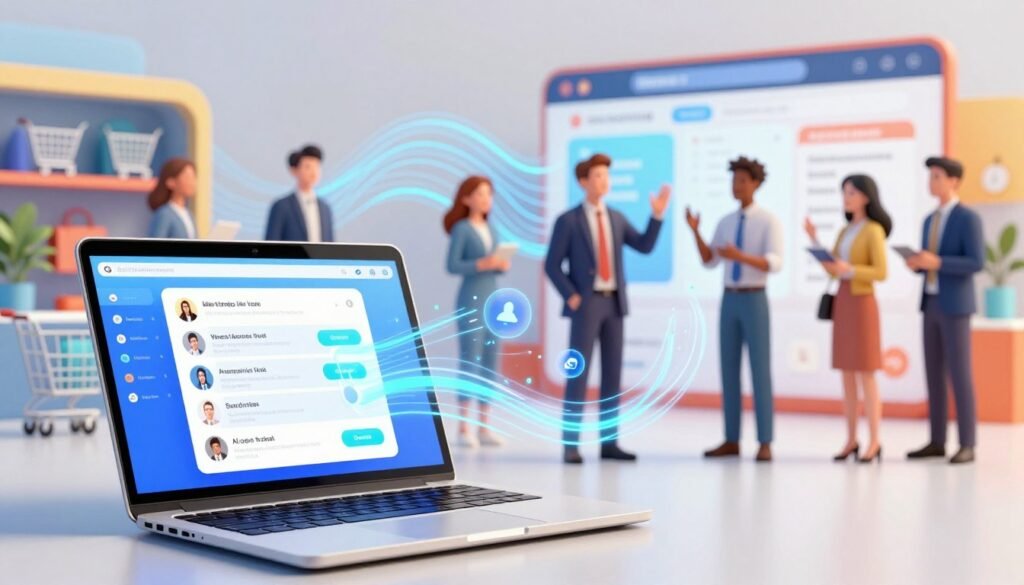 A dynamic illustration depicting the concept of "AI chat funnels transforming the buyer's journey" in the e-commerce sector. In the foreground, showcase a sleek laptop displaying an animated chat interface filled with artificial intelligence elements, like digital icons and flowing data. The middle ground features diverse shoppers engaging with the chat funnel, portrayed in professional business attire, showing expressions of curiosity and excitement. In the background, create a vibrant e-commerce platform environment, with shopping carts and product displays, seamlessly blending into abstract waves of data streams representing the journey. Use bright, engaging colors with soft, focused lighting to evoke an atmosphere of innovation and efficiency, captured with a shallow depth of field for a modern feel. Emphasize a sense of connectivity and transformation throughout the image.