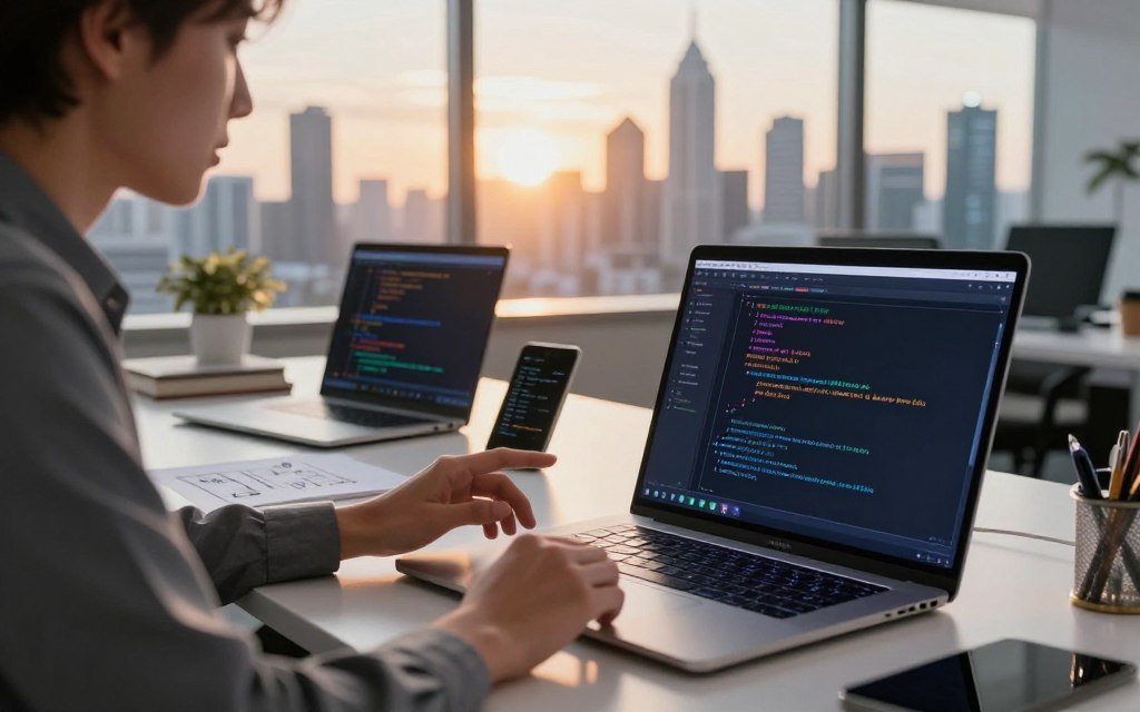 A dynamic workspace scene showcasing advanced AI coding tools and code scanning software solutions. In the foreground, a sleek laptop with an illuminated keyboard displays lines of code and scanning reports on the screen. To the left, a professional figure wearing business attire, deeply focused, gestures towards the laptop, emphasizing collaboration and innovation. The middle ground features a modern office desk cluttered with technical gadgets, coding books, and AI-related diagrams, suggesting a hub of creativity and productivity. The background shows a futuristic city skyline through large windows, the setting sun casting a warm glow across the scene. The atmosphere conveys a sense of urgency and high-tech sophistication, highlighting the importance of code security in today's digital landscape. The lighting is bright yet soft, creating an inviting and inspiring workspace.