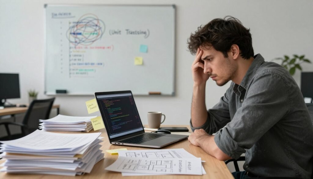 A frustrated software developer in a modern office setting, sitting at a cluttered desk filled with code on a laptop screen and sticky notes highlighting unit testing challenges. In the foreground, piles of documentation and complex diagrams symbolizing unit testing issues. In the middle ground, a visual representation of tangled code on a whiteboard, showcasing common pitfalls. The background displays a minimalist office with bright, focused lighting that highlights the developer's thoughtful expression. The atmosphere is tense yet hopeful, suggesting the struggle and determination in overcoming unit testing obstacles, with a warm color palette to create an inviting feel. No text or logos included.