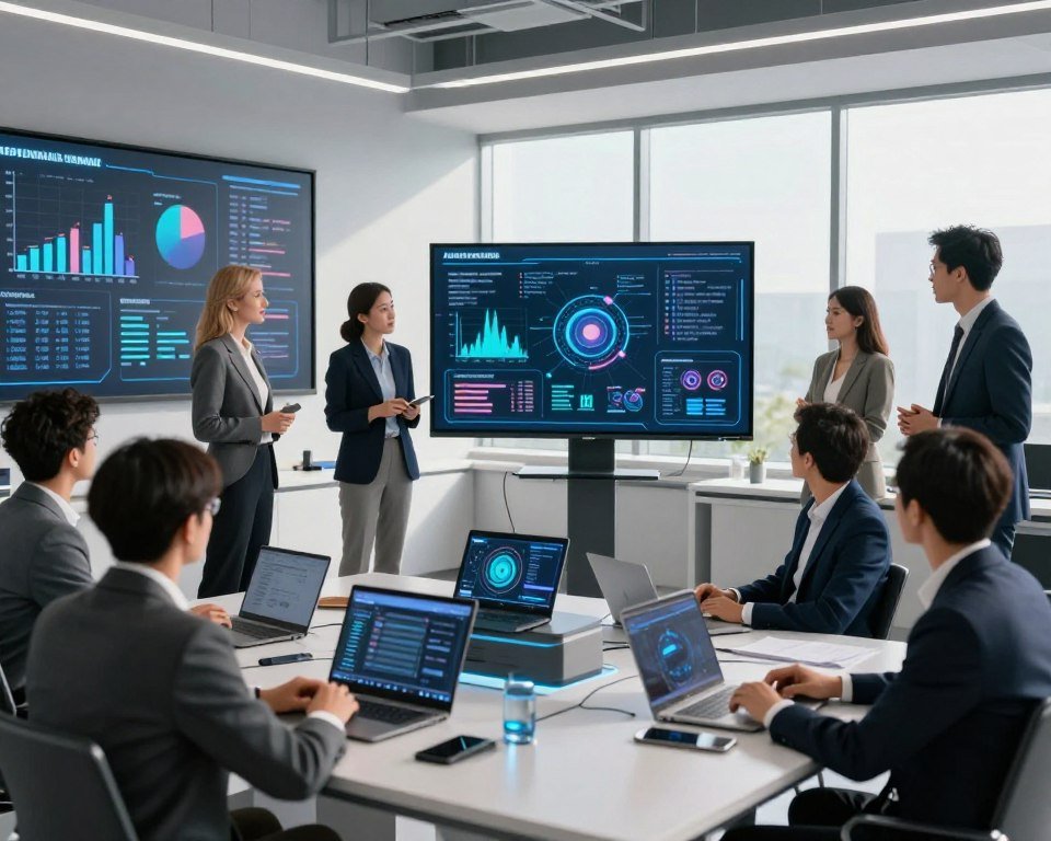A futuristic classroom scene illustrating the gaps in AI education. In the foreground, a diverse group of professional individuals, dressed in smart business attire, engage in a discussion around a large digital display showing graphical data and charts related to AI education trends. In the middle ground, interactive learning modules and AI-related infographics are presented on desks filled with advanced tech tools. The background features a sleek, modern classroom with large windows flooding the space with natural light, casting soft shadows. The overall atmosphere is collaborative and innovative, with an inspiring ambiance that reflects exploration and discovery in the AI education market. The image has a lens focus that emphasizes both the participants and the digital content they engage with, creating a dynamic, professional appearance. A futuristic classroom scene illustrating the gaps in AI education. In the foreground, a diverse group of professional individuals, dressed in smart business attire, engage in a discussion around a large digital display showing graphical data and charts related to AI education trends. In the middle ground, interactive learning modules and AI-related infographics are presented on desks filled with advanced tech tools. The background features a sleek, modern classroom with large windows flooding the space with natural light, casting soft shadows. The overall atmosphere is collaborative and innovative, with an inspiring ambiance that reflects exploration and discovery in the AI education market. The image has a lens focus that emphasizes both the participants and the digital content they engage with, creating a dynamic, professional appearance.