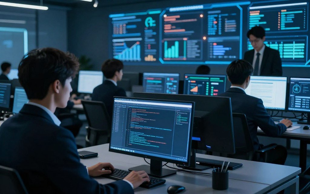 A futuristic office environment focused on automated security testing. In the foreground, a sleek desktop computer displays complex code related to security scanning, illuminated by a soft blue glow. In the middle ground, a diverse team of professionals, dressed in smart business attire, are analyzing data on monitors with graphs and security alerts, showcasing collaboration and focus. The background features a high-tech digital display wall displaying cybersecurity statistics and visualizations, with dim ambient lighting enhancing the atmosphere. A lens effect captures the scene from a slightly elevated angle, suggesting an advanced technological setting. The overall mood is serious and focused, reflecting the importance of modern development in identifying security flaws efficiently.