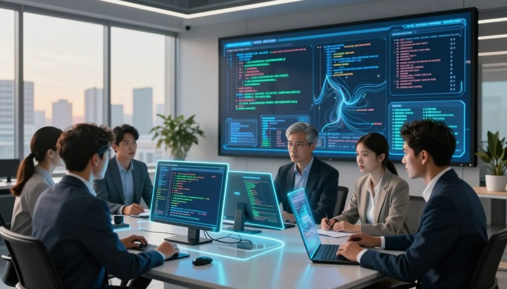 A futuristic office environment showcasing AI test generation technology at work. In the foreground, a diverse group of professionals in smart business attire are gathered around a sleek, modern table, analyzing vibrant holographic displays of code and AI algorithms, with blue and green lights illuminating their focused expressions. In the middle ground, a large interactive touchscreen wall displays complex data visualizations and unit tests being auto-generated in real-time, with intricate lines of code flowing dynamically. The background features a contemporary office setting with panoramic windows revealing a city skyline, bathed in warm natural light, suggesting innovation and creativity. The atmosphere is collaborative and inspiring, projecting a sense of cutting-edge technological advancement in software development.