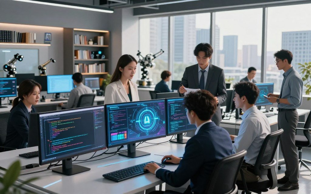 A futuristic office environment showcasing advanced artificial intelligence development tools. In the foreground, a sleek, high-tech workspace features multiple monitors displaying lines of code and AI algorithms, with a digital interface highlighting security flaw detection. A diverse group of professionals in smart business attire collaborates over a holographic display, analyzing data visualizations. In the middle ground, shelves filled with AI literature and robotic components emphasize innovation and learning. The background has large windows revealing a city skyline, bathed in warm, natural light that enhances the modern atmosphere. The composition is shot from a slightly elevated angle to capture both the teamwork and the technology, evoking a sense of optimism and progress within AI development.